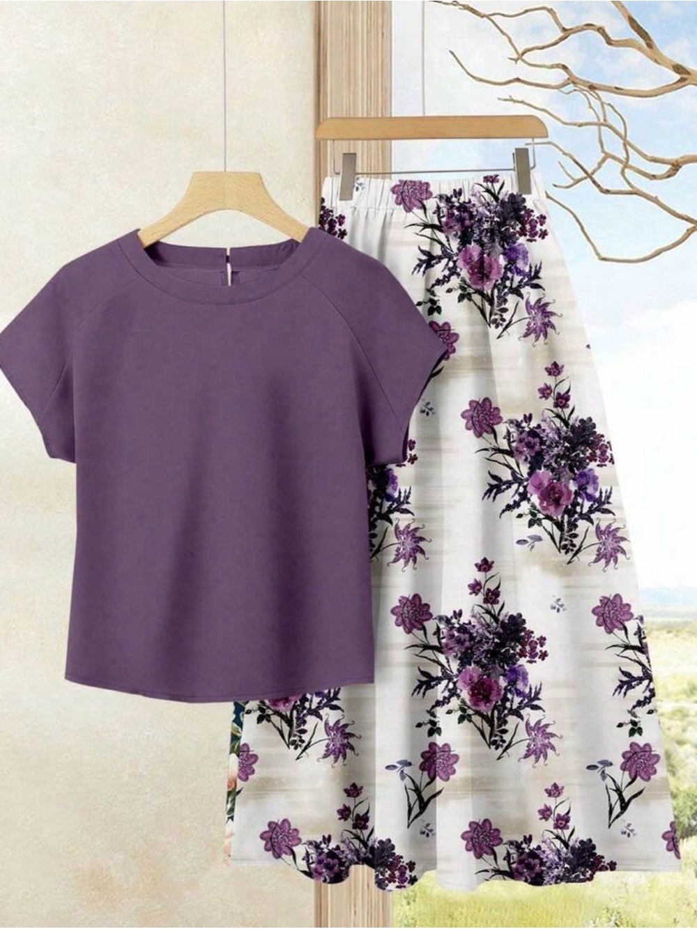 Purple Blouse and Floral Skirt Set - Women's Two-Piece Outfit